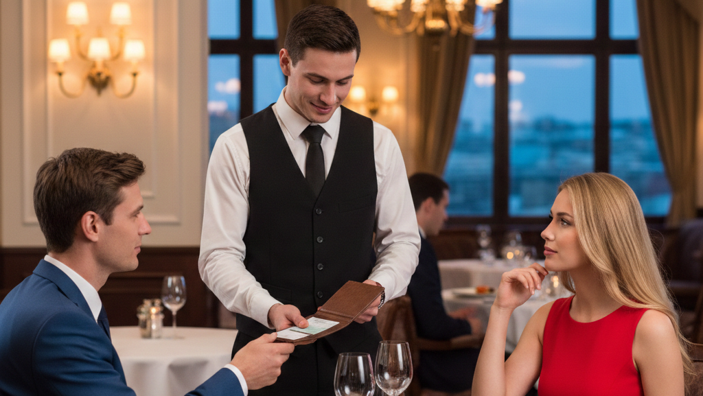 Obraz pokazujący kelnera wręczającego rachunek klientom w restauracji