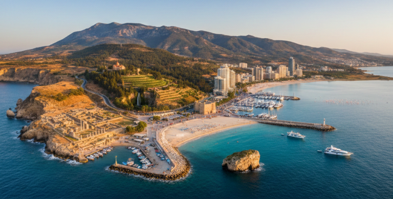 Grafika przedstawia panoramiczny widok z lotu ptaka, ukazujący urozmaicone wybrzeże wyspy