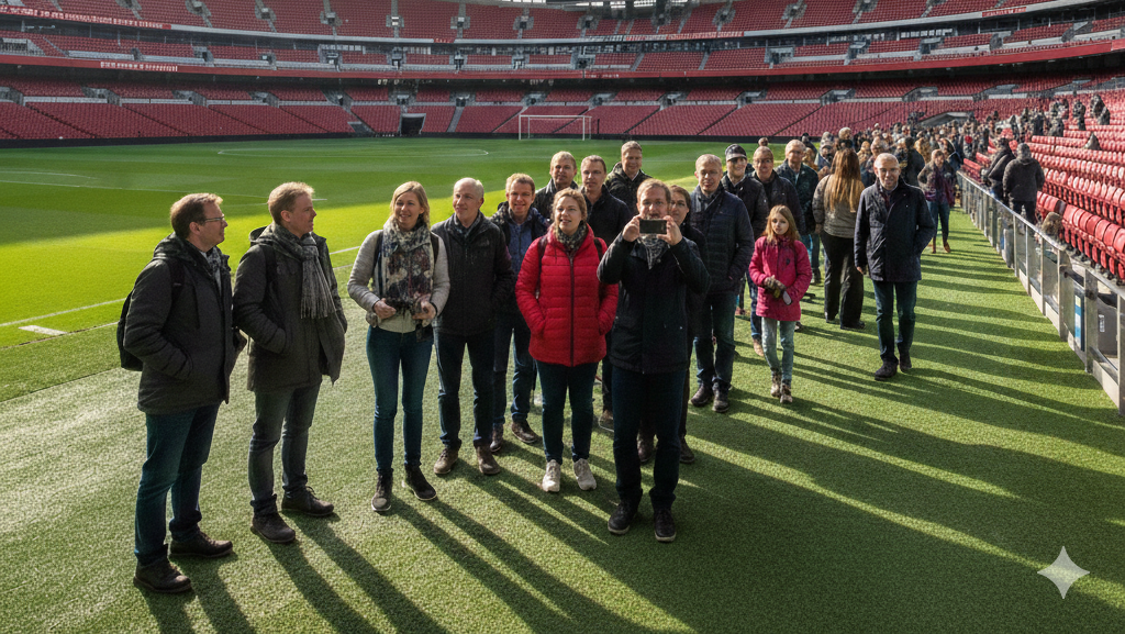 Obraz pokazujący osoby zwiedzające stadion Wembley w Londynie
