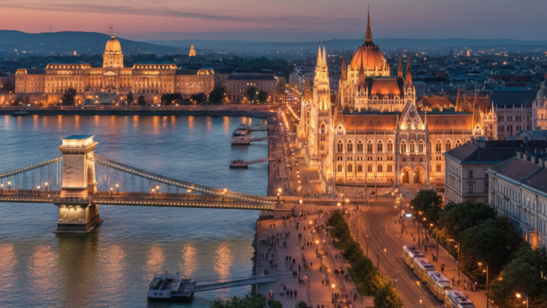 Obraz przedstawia malowniczą panoramę Budapesztu w tzw. „złotej godzinie”