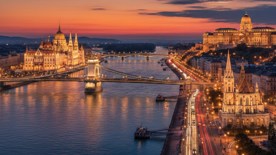 Obraz przedstawia majestatyczny widok na Dunaj, który dzieli miasto na dwie historyczne części: Budę i Peszt