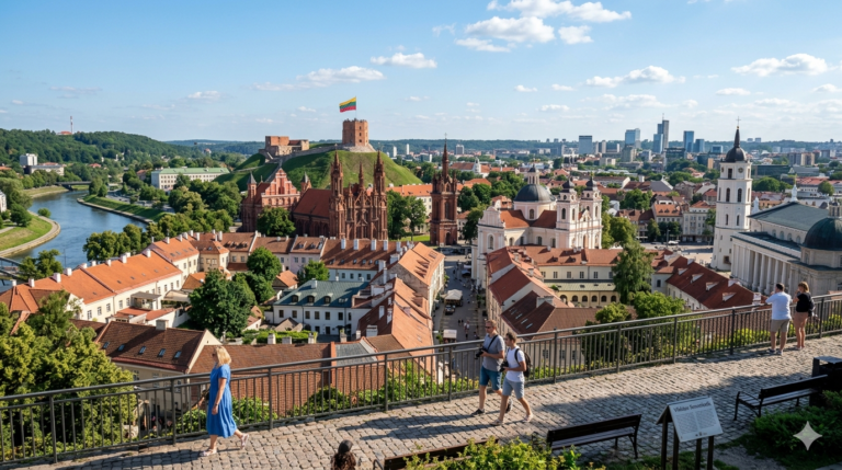 Obraz przedstawia realistyczną panoramę Wilna, stolicy Litwy