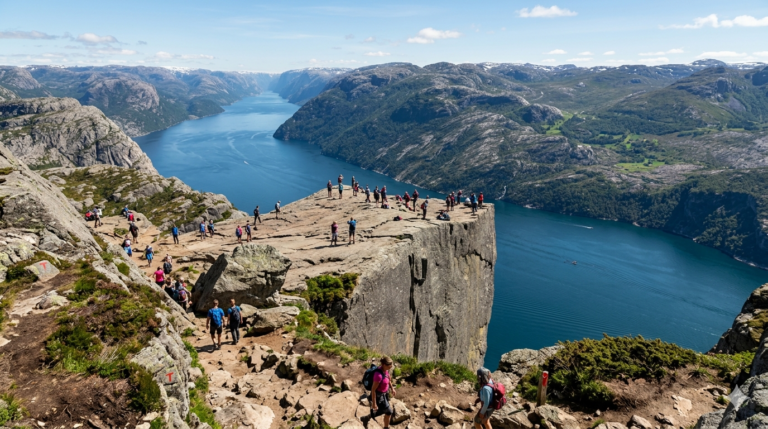 Obraz przedstawia majestatyczny widok na Preikestolen (Ambonę) w Norwegii