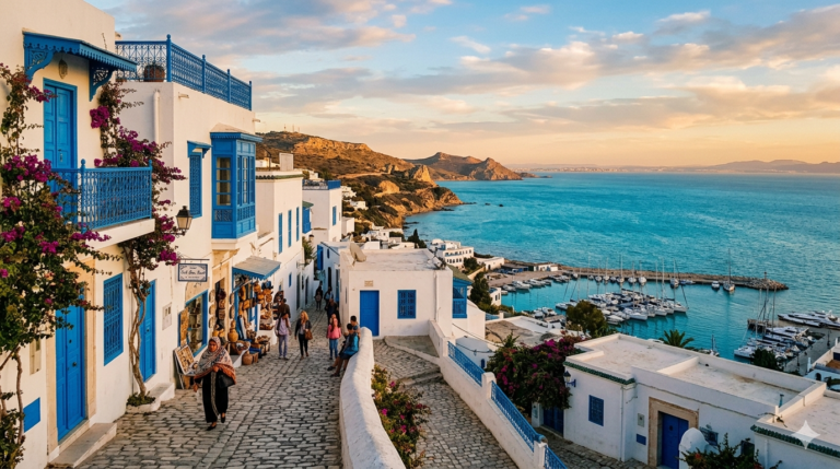 Obraz przedstawia malownicze miasteczko położone na wzgórzu, silnie inspirowane architekturą słynnego Sidi Bou Said