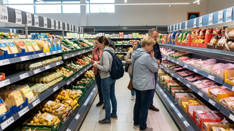 Grafika przedstawia realistyczne zdjęcie wnętrza nowoczesnego supermarketu