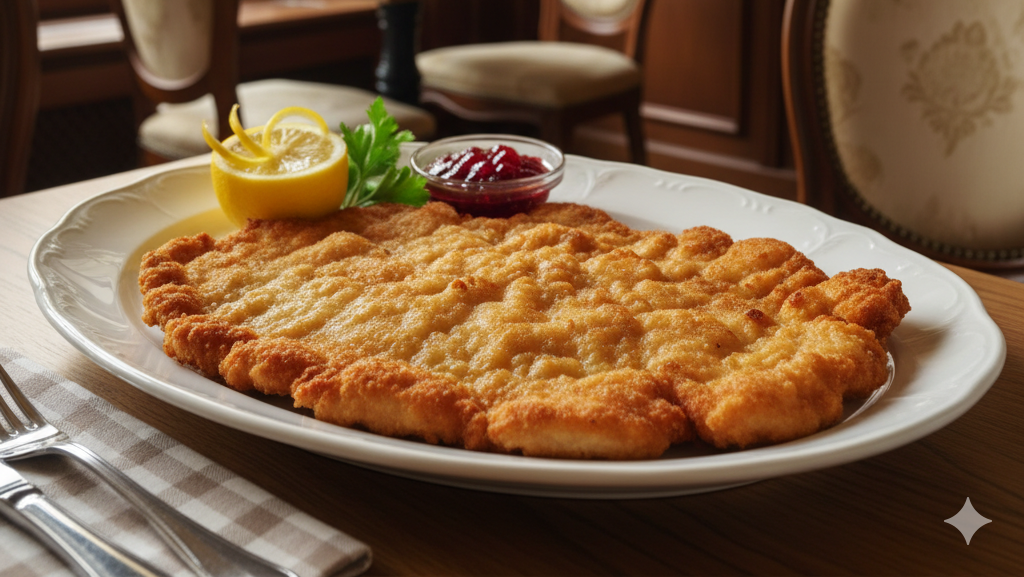 Obraz przedstawia realistyczne ujęcie klasycznego Wiener Schnitzel vom Kalb, czyli oryginalnego wiedeńskiego sznycla cielęcego, podanego w eleganckim, tradycyjnym wnętrzu restauracji