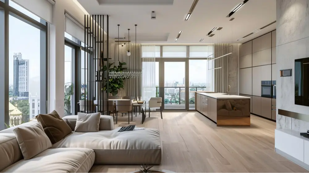 Nowoczesne wnętrze apartamentu z salonem i kuchnią we Wrocławiu.